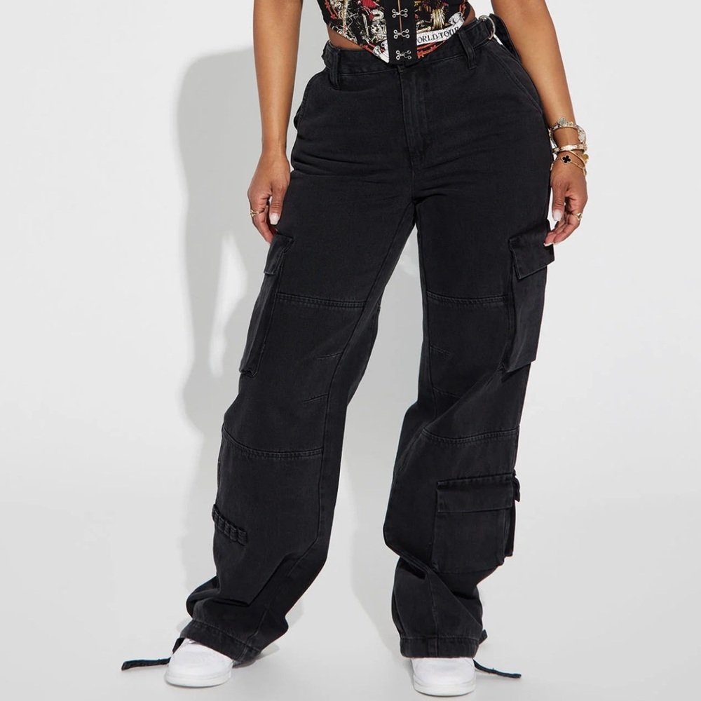 Fashion Nova Give It Up Non Stretch Ankle Tie Cargo Jean - Black